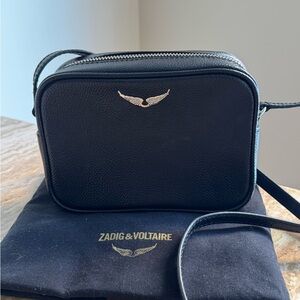 Zadig & Voltaire Black Leather Camera Bag with Gold Wing Emblem